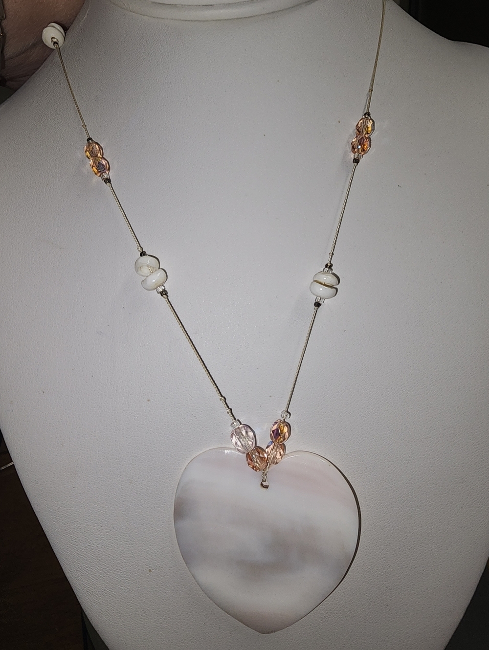 Artisan Mother Of Pearl Heart Necklace with Pink Glass Crystals